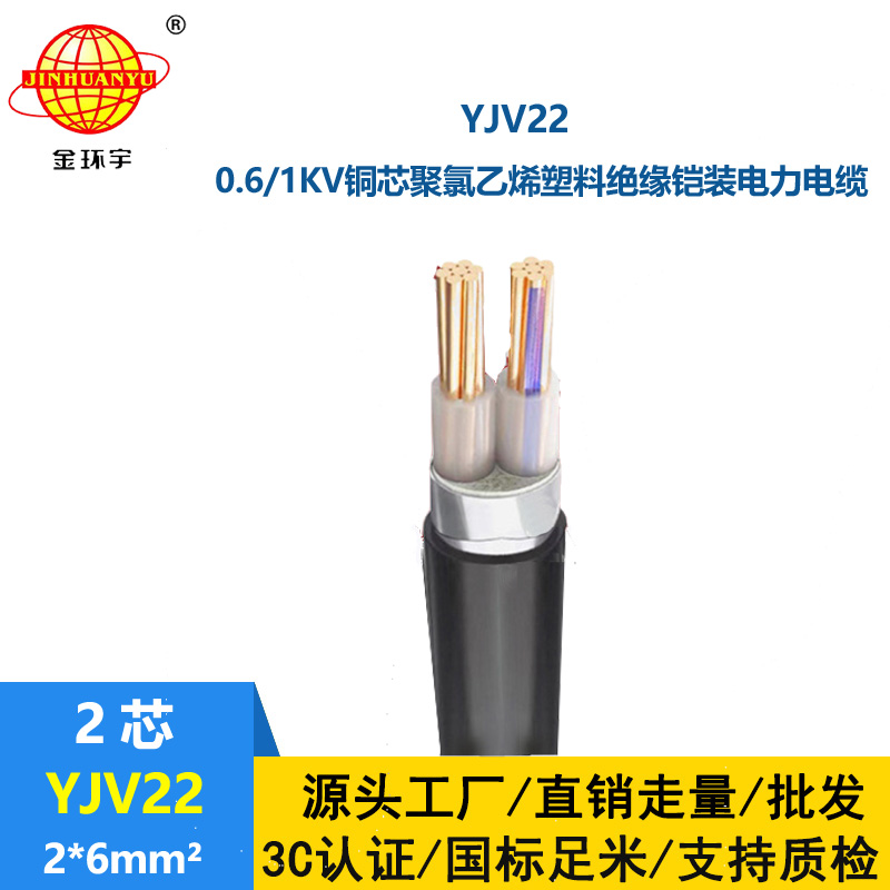 金環(huán)宇電線(xiàn)電纜 中低壓鎧裝電力電纜 2芯YJV22 2x6平方 銅芯